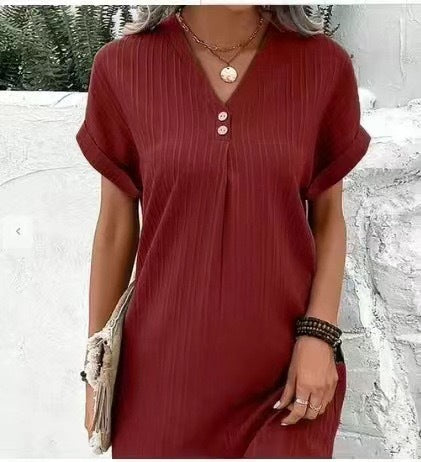 Red mini dress with V-neck, button front, short sleeves, vertical stripe texture