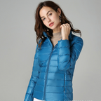Tess quilted puffer light jacket, full-zip, stand collar, bright blue.