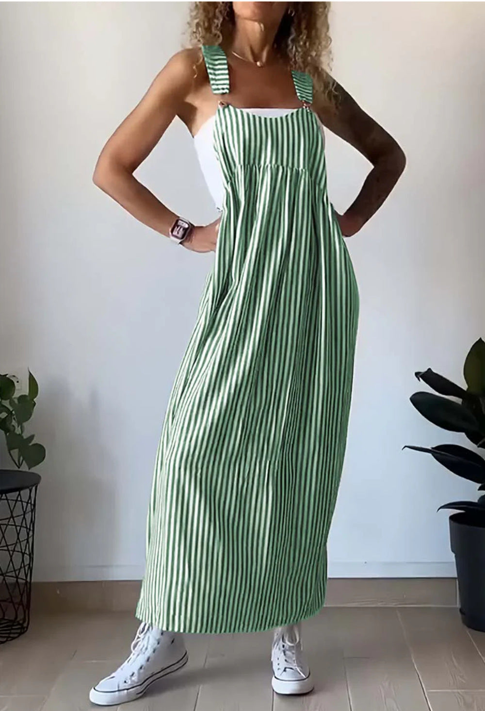 Green and white striped loose-fit maxi dress with square neckline, sleeveless