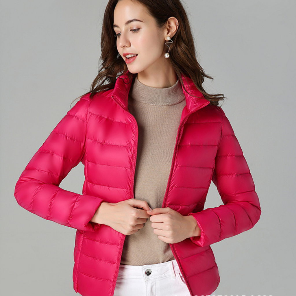 Tess quilted puffer light jacket, full-zip, stand collar, fuchsia pink.