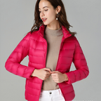 Tess quilted puffer light jacket, full-zip, stand collar, fuchsia pink.
