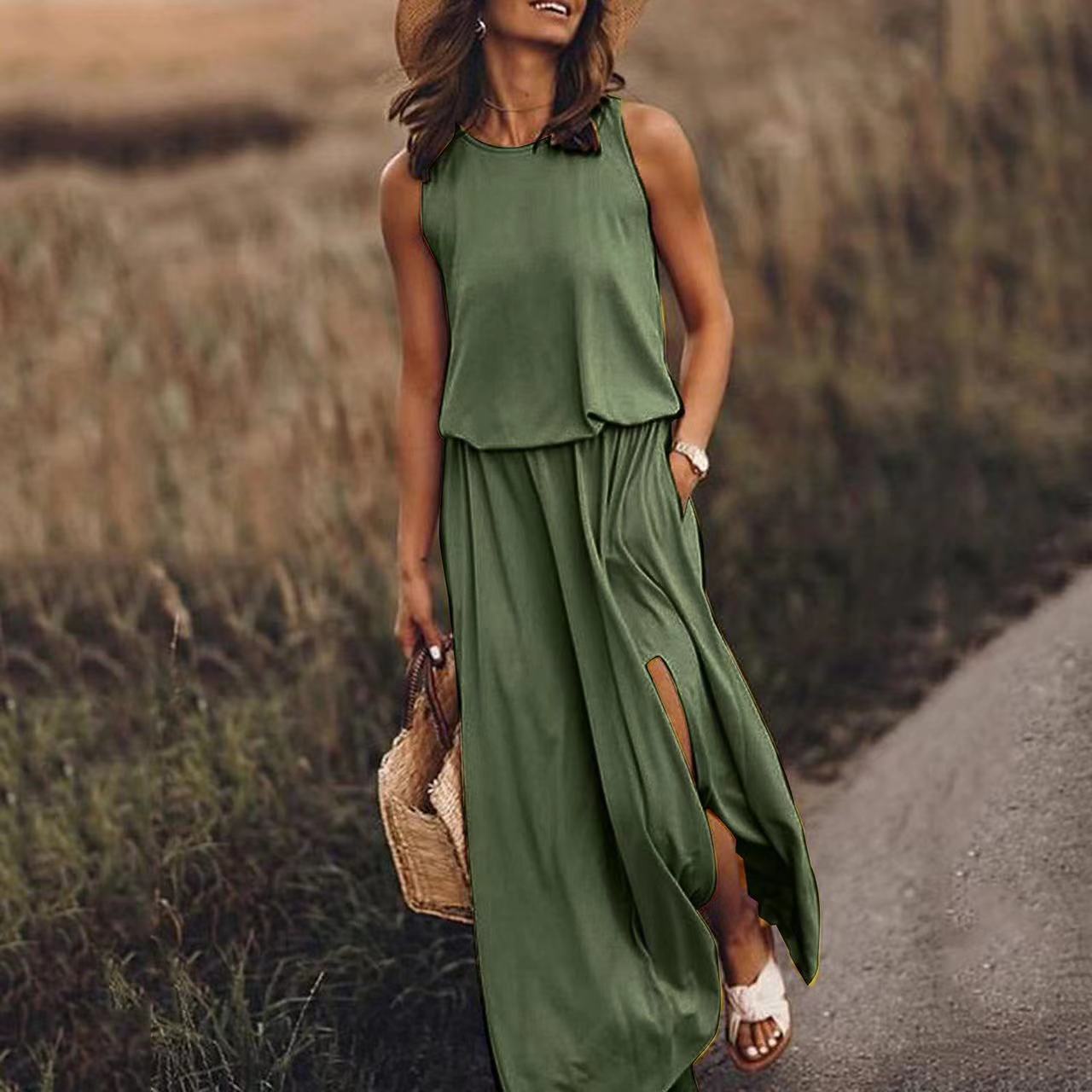 Sleeveless summer dress, dark green tiered bodice with loose skirt and side slit
