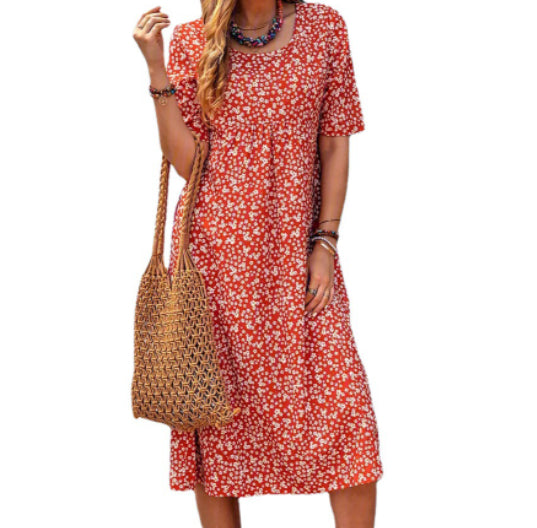 Red floral midi dress with short sleeves and scoop neckline