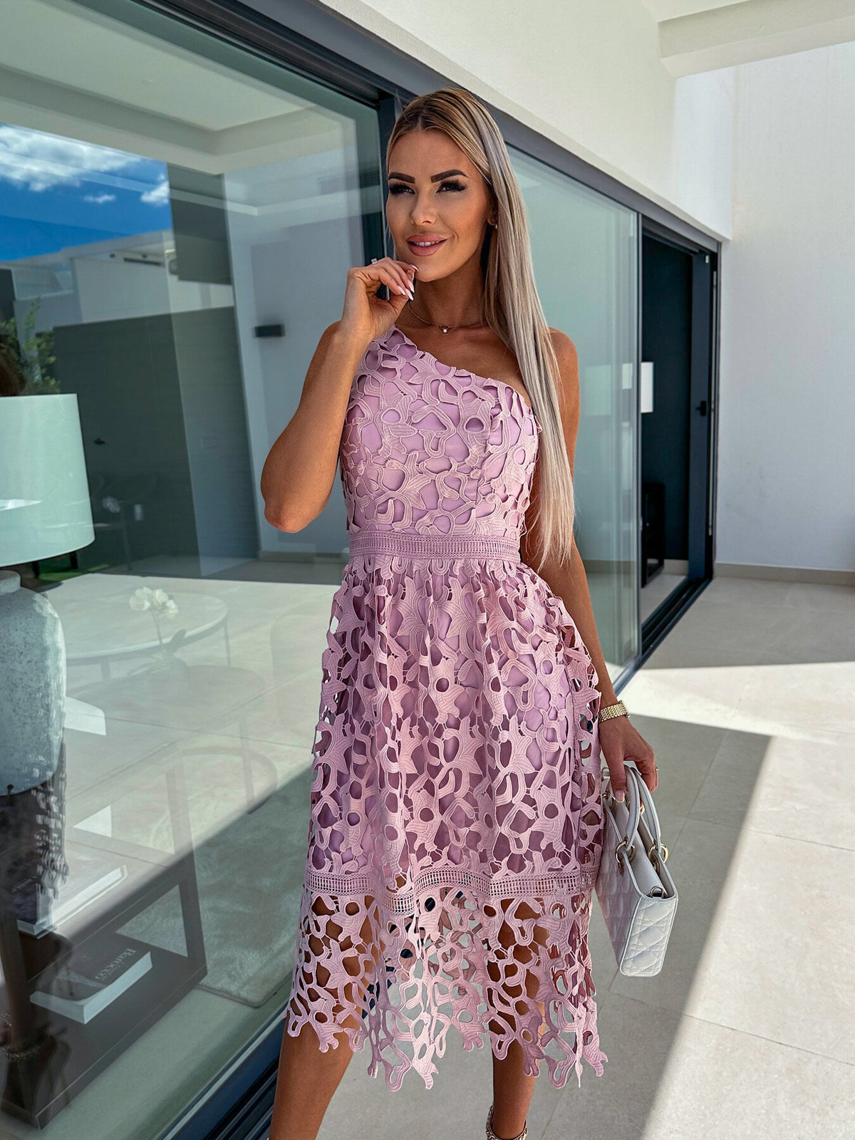 Pink one-shoulder mid-length lace cutout dress, gathered skirt with scalloped lace hem