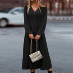 Black long-sleeve midi dress with V-neck button front, gathered waist