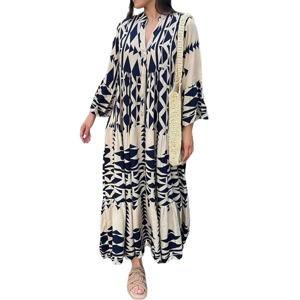 Women’s maxi dress with long sleeves, V-neck, blue and cream geometric print