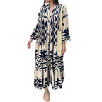 Women’s maxi dress with long sleeves, V-neck, blue and cream geometric print
