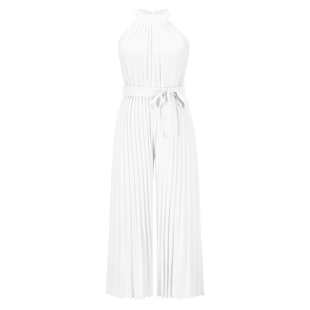White pleated halter jumpsuit with tied waist and wide-leg pants