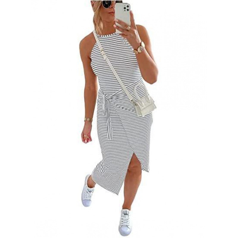 Sleeveless striped midi dress in dark and white, tied waist and side slit