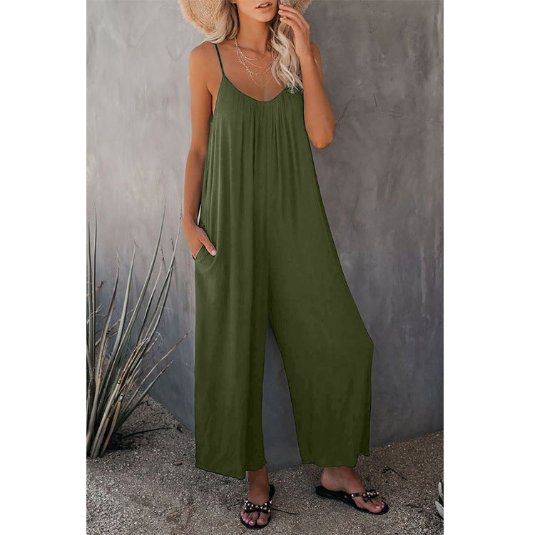 Army green loose-fitting jumpsuit with spaghetti straps and wide-leg pants