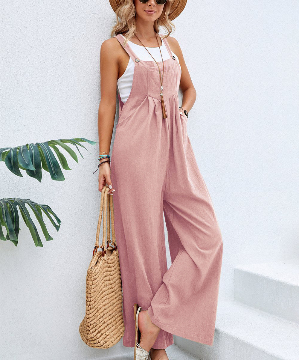 Women’s casual sleeveless jumpsuit in dusty pink, tie-front straps and wide-leg pants