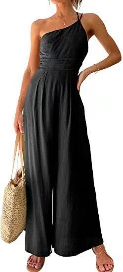 Black halter-neck wide-leg jumpsuit with smocked bodice and elastic waist