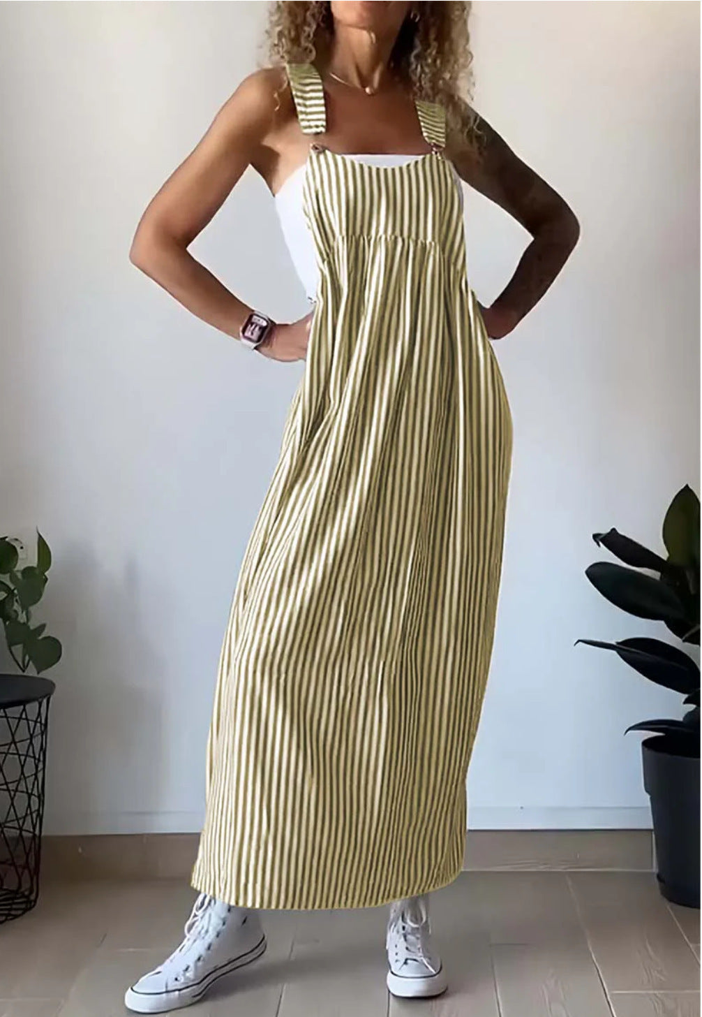 Yellow and white striped loose-fit maxi dress with square neckline and sleeveless cut