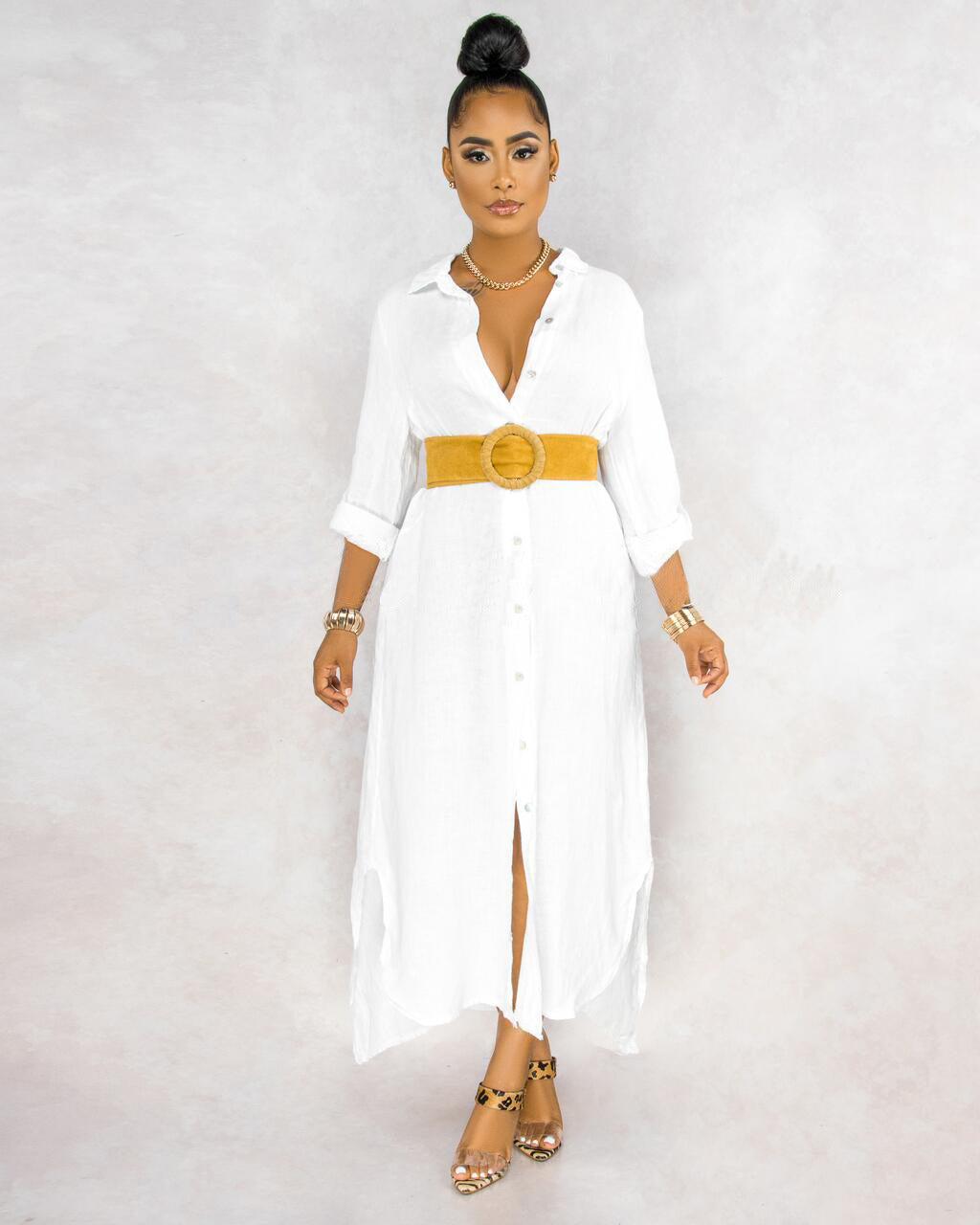 White button-front maxi summer dress with waist belt and three-quarter sleeves