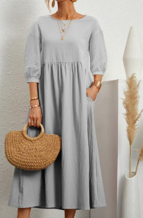WEGAHTA long dress in light gray with gathered waist and 3/4 puff sleeves