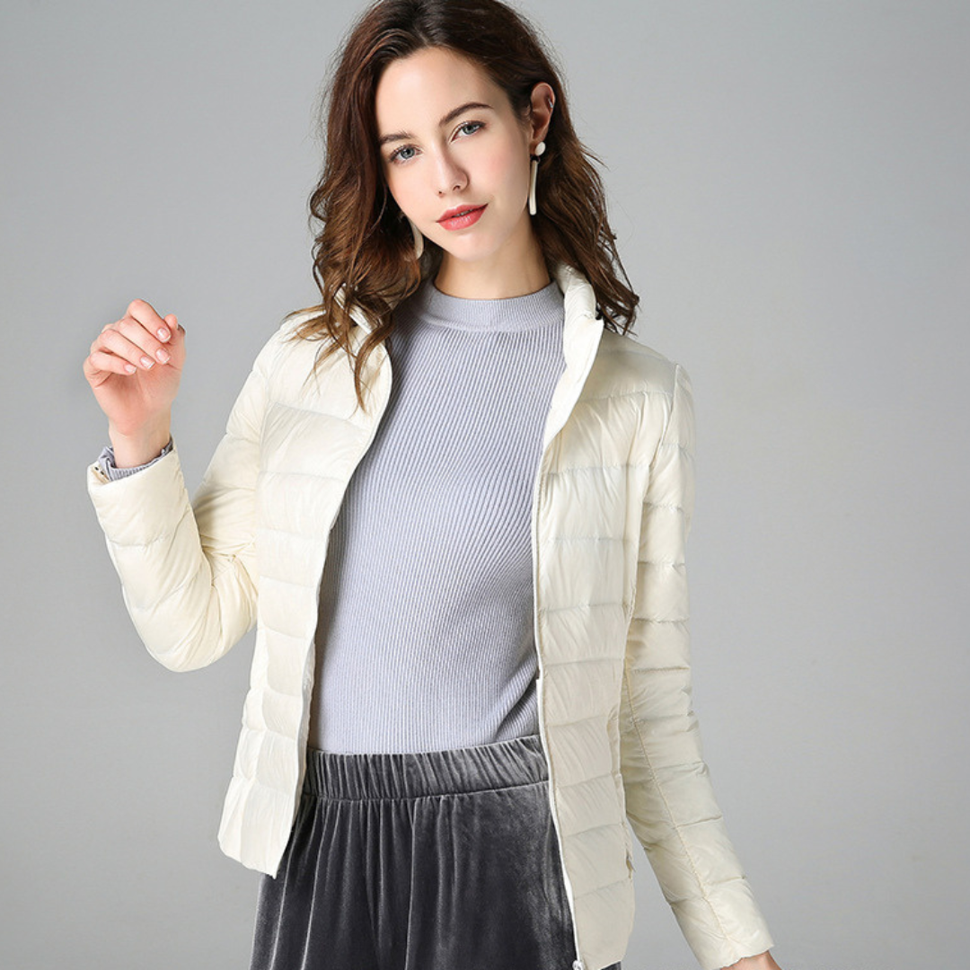 Tess quilted puffer light jacket, full-zip, stand collar, light cream.