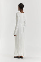 Ivory ribbed midi dress with long sleeves and gathered waist tie detail