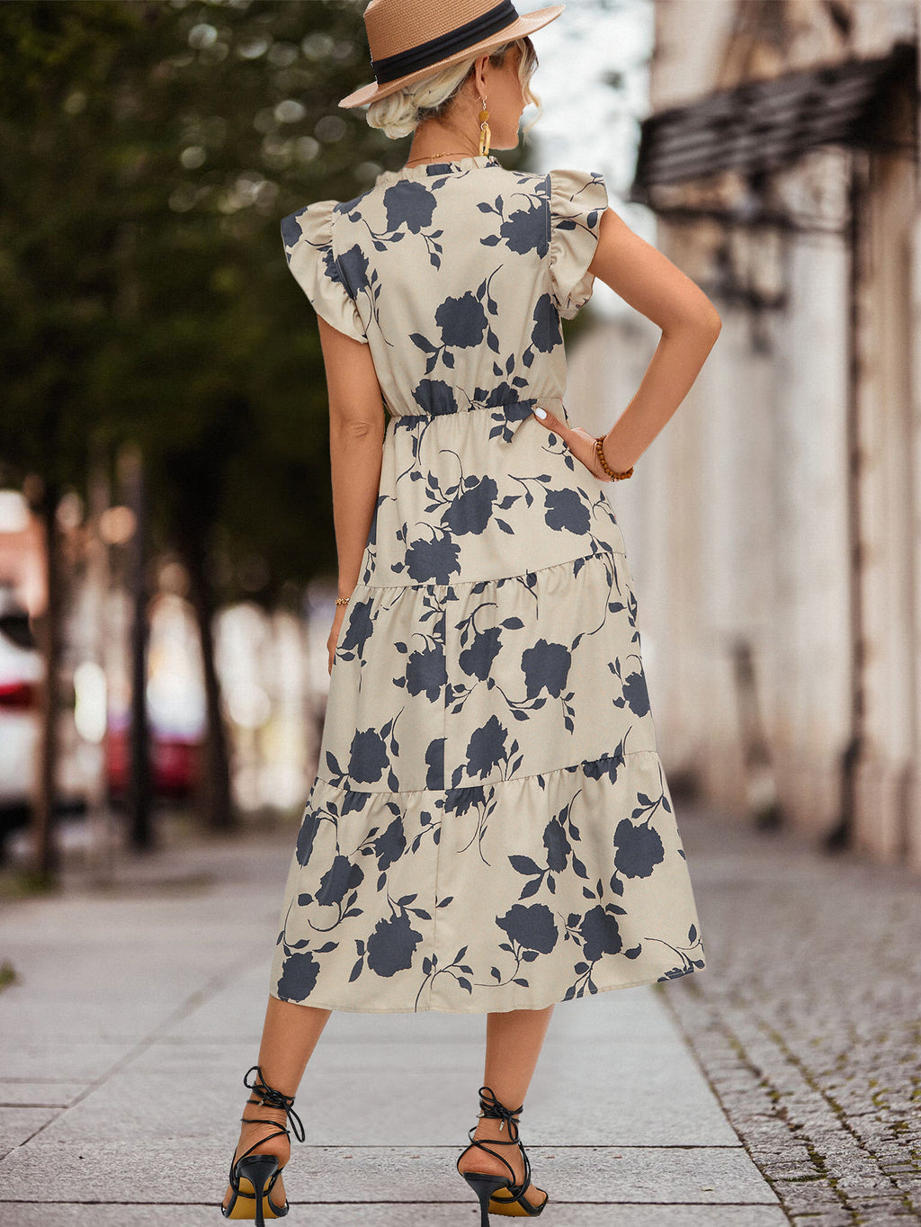 Cream floral tiered midi summer dress with V-back, cap sleeves and waist belt