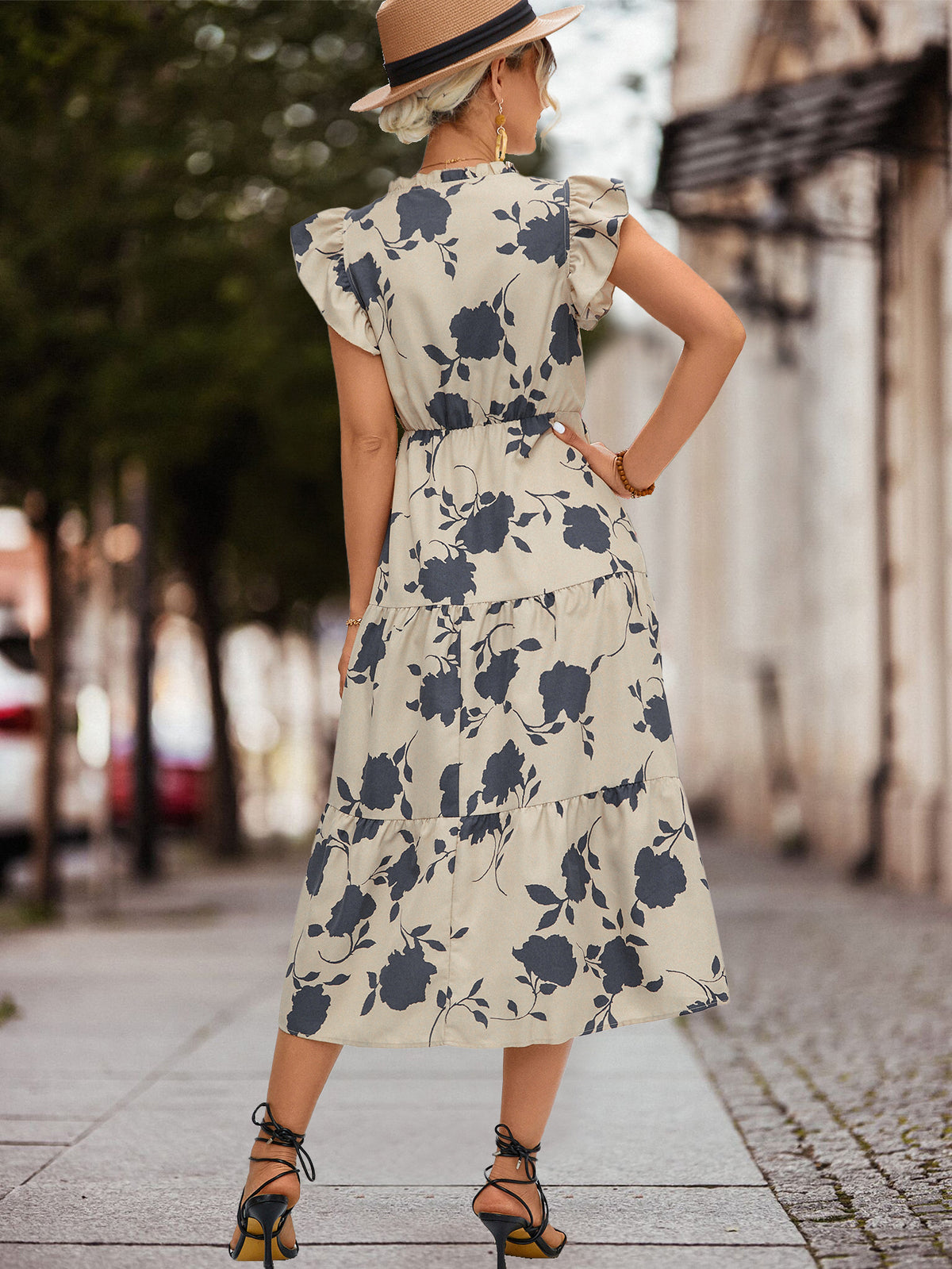 Cream floral tiered midi summer dress with V-back, cap sleeves and waist belt