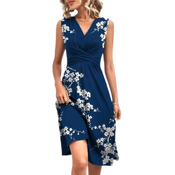 Elegant summer dress, sleeveless V-neck, draped waist, dark blue with white floral print