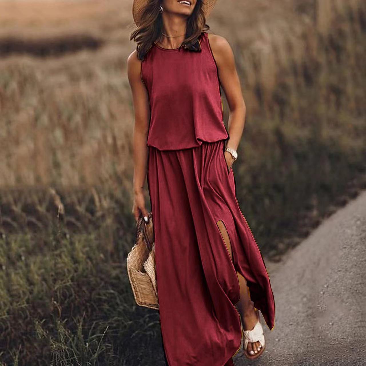Sleeveless summer dress, maroon tiered bodice with loose skirt and side slit