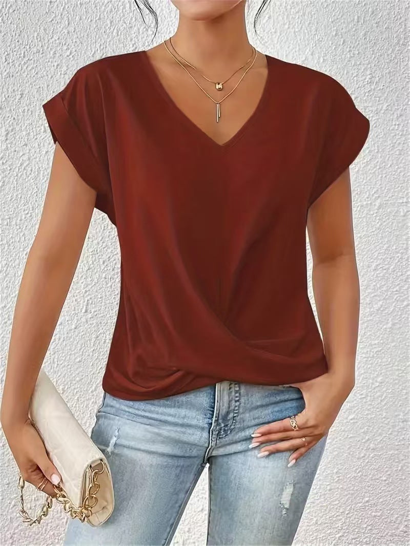 Noa™ V-neck summer blouse in dark rust red, short sleeves, twist-front knot detail