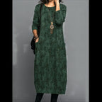 Green printed long-sleeve midi dress, round neck, patch pockets, straight fit