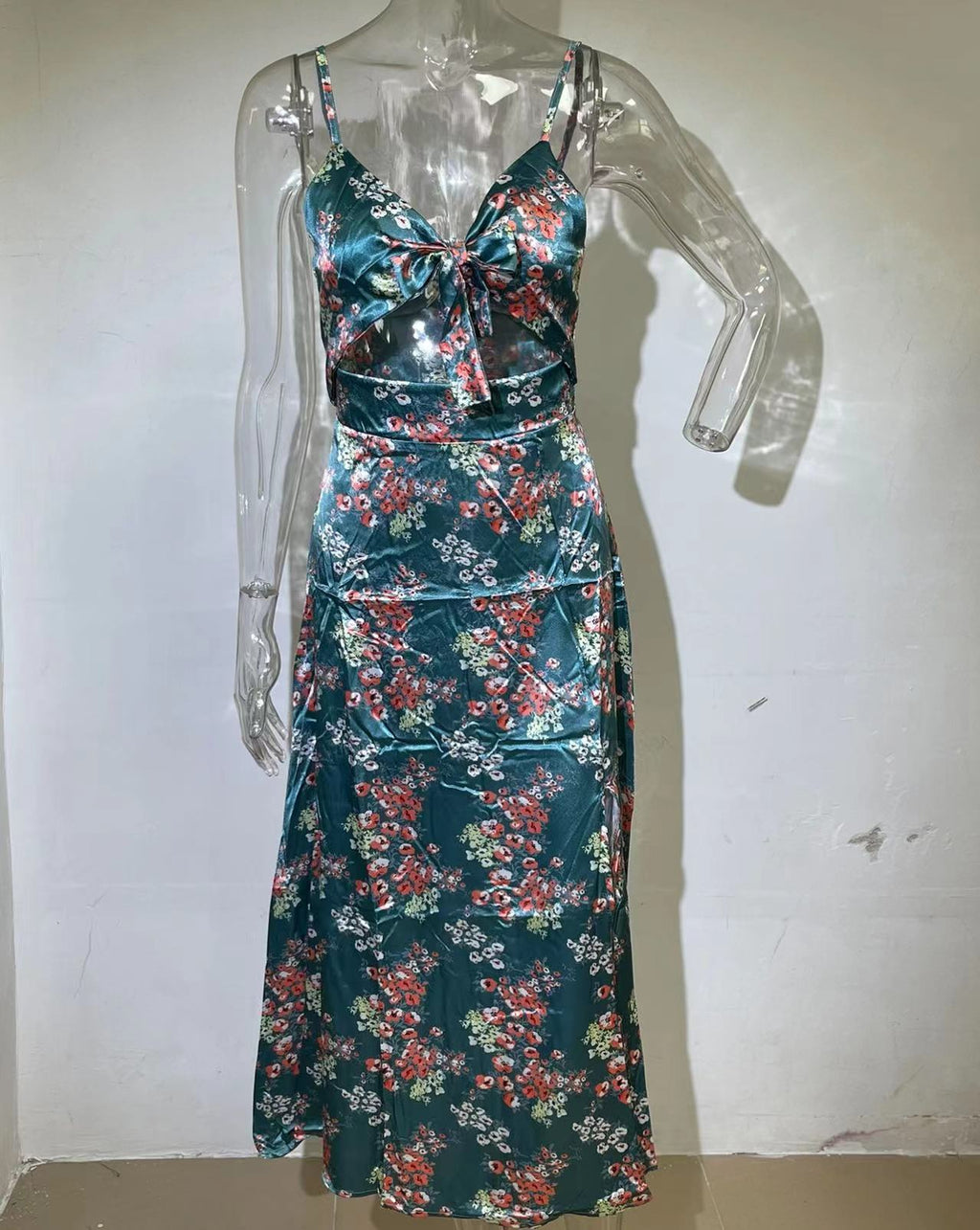 Teal floral georgette maxi-style dress with spaghetti straps and tie-front V-neck