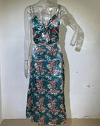 Teal floral georgette maxi-style dress with spaghetti straps and tie-front V-neck