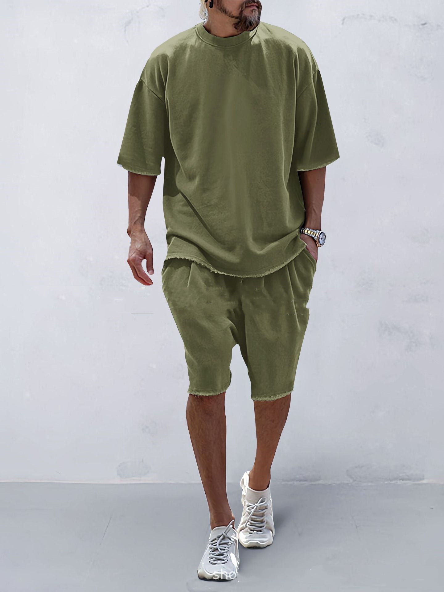 Olive green relaxed summer set: short-sleeve T-shirt and knee-length shorts