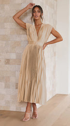 Champagne pleated maxi dress with V-neck, gathered waist, and short puff sleeves