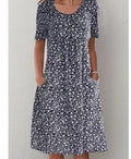Black floral midi dress with short sleeves and scoop neckline