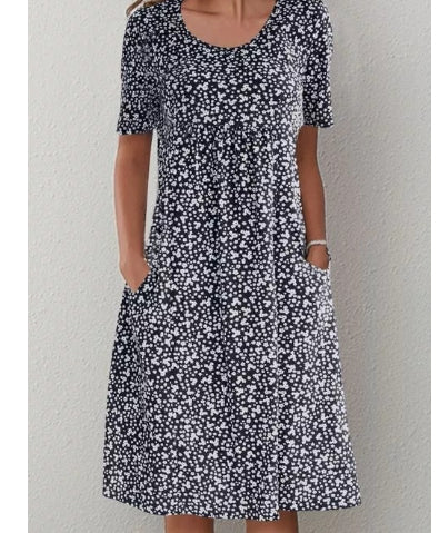 Black floral midi dress with short sleeves and scoop neckline