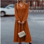 Rust orange long-sleeve midi dress with V-neck button front
