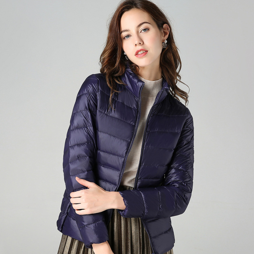 Navy padded spring jacket with full zipper and stand collar