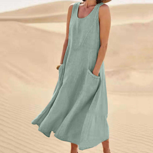 OONA sleeveless long summer dress in sage green, round neckline and side pocket