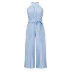 NIKOLE pleated halter dress, light blue, tied waist ribbon