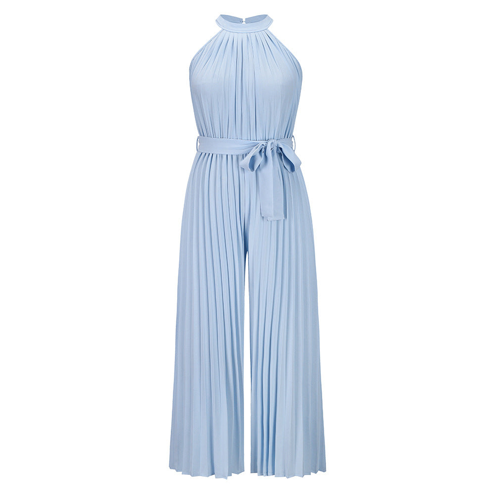 NIKOLE pleated halter dress, light blue, tied waist ribbon