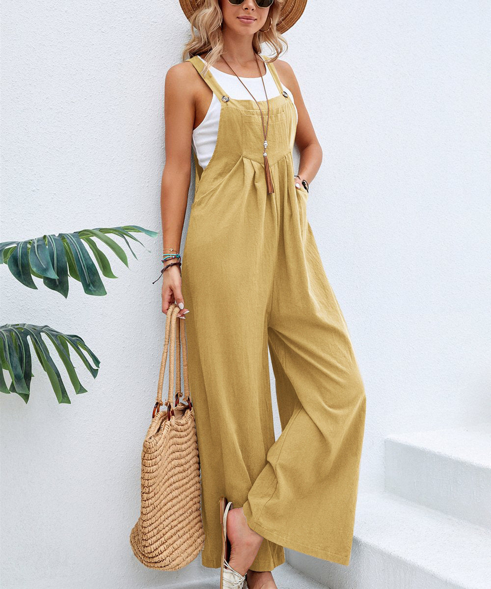 TUVA women's golden-yellow sleeveless jumpsuit with wide-leg pants and adjustable straps