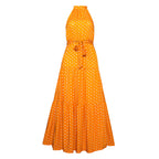 Orange halter long dress with white polka dots and drawstring tie waist