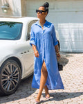 Blue button-front maxi summer dress with three-quarter sleeves and side slit