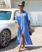 Blue button-front maxi summer dress with three-quarter sleeves and side slit