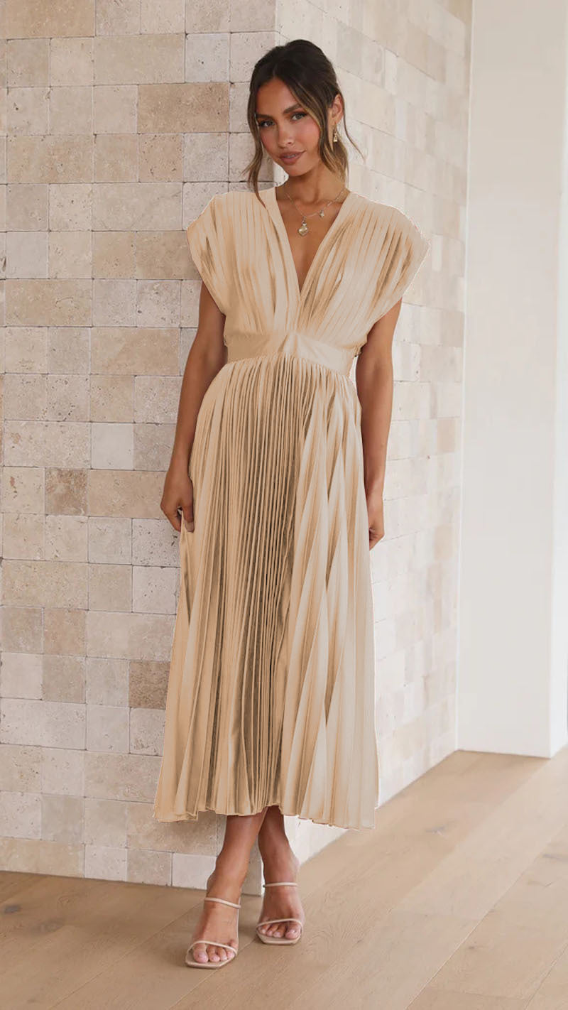 Light beige pleated maxi dress with V-neck and gathered waist