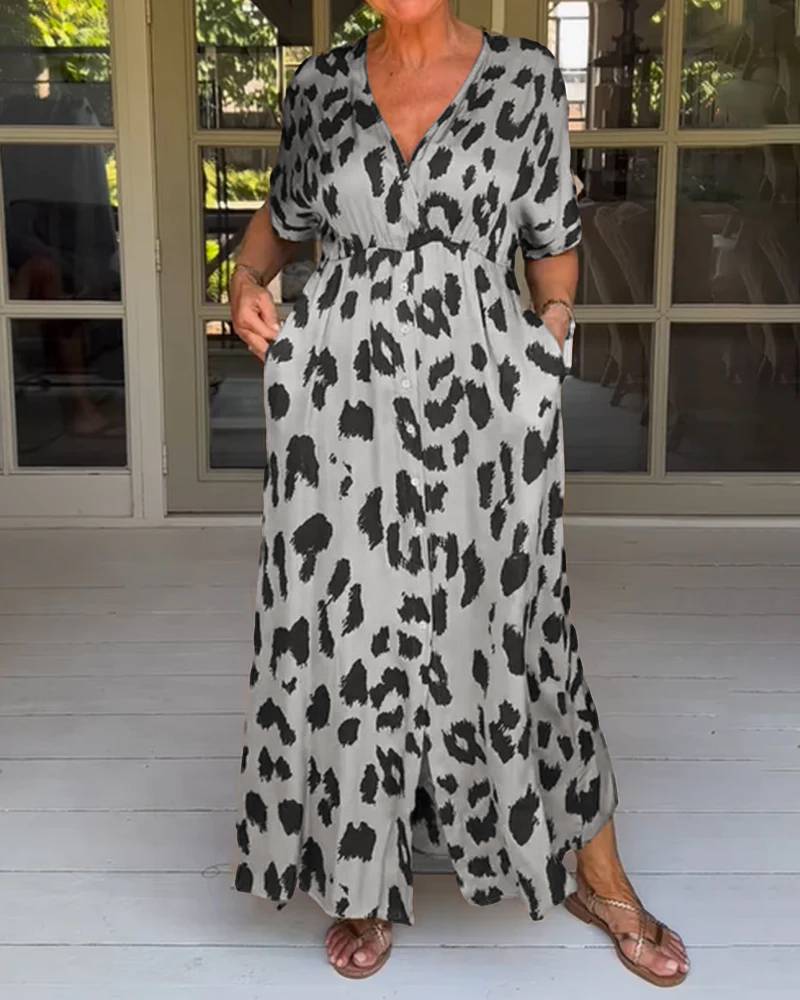 Casual summer dress with V-neck, short sleeves, long leopard print in light base