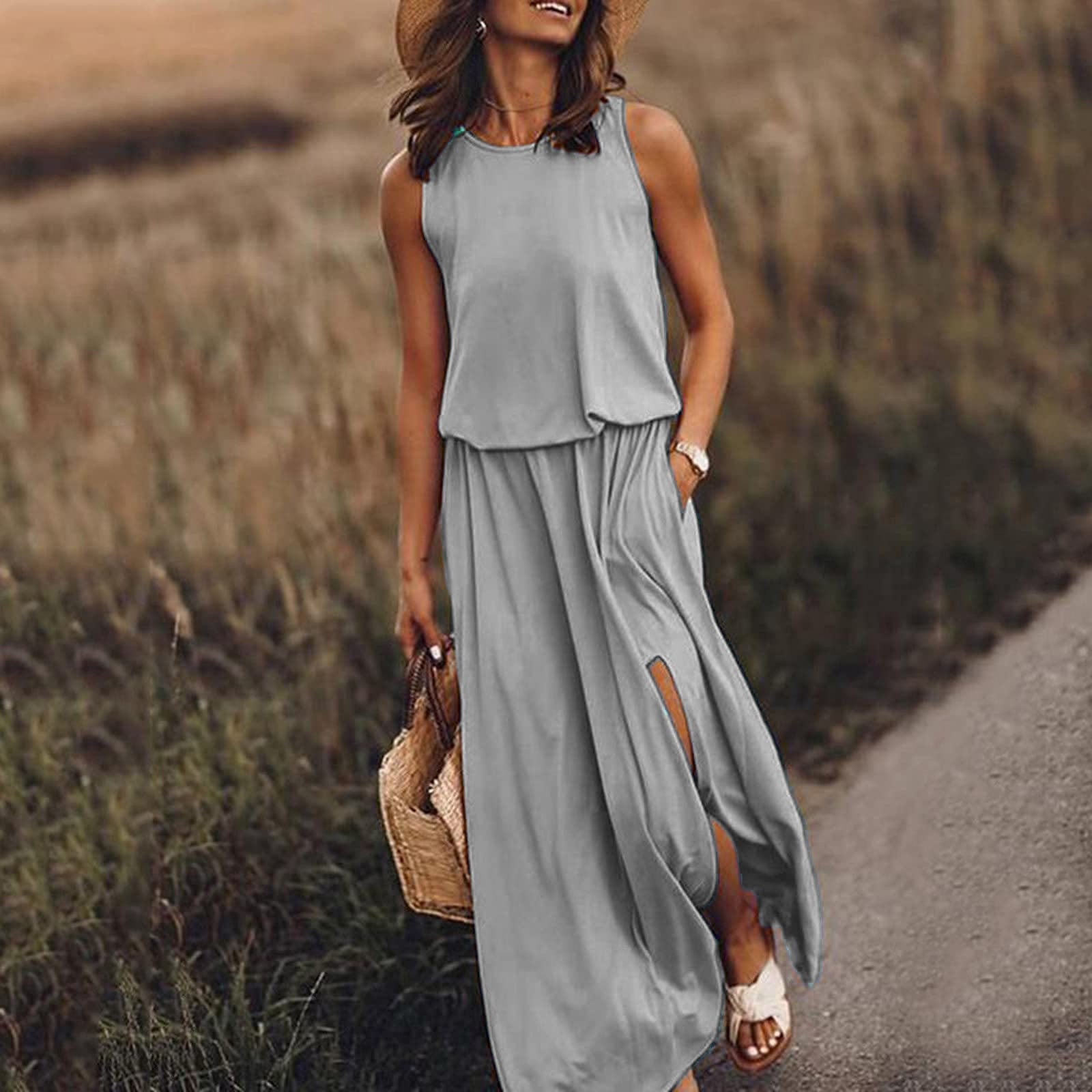 Sleeveless summer dress, gray tiered bodice with loose skirt and side slit