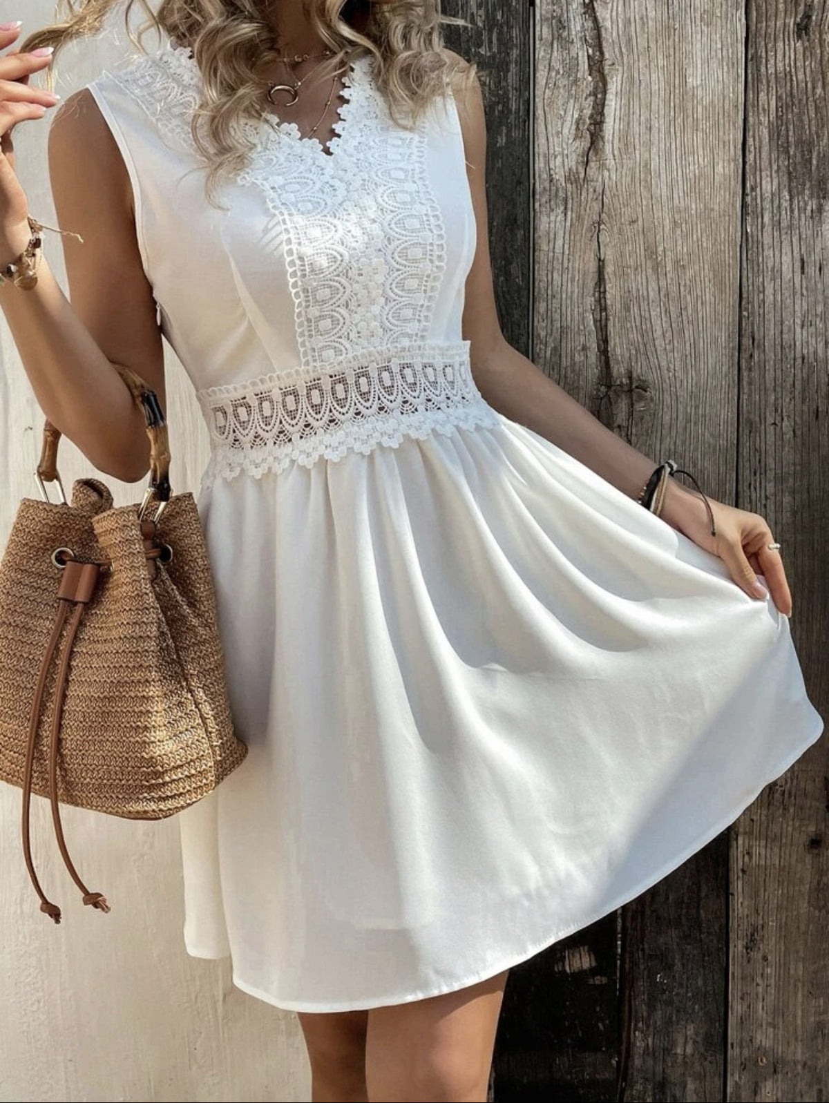 OTA elegant mini dress in white with lace V-neck and flared gathered skirt