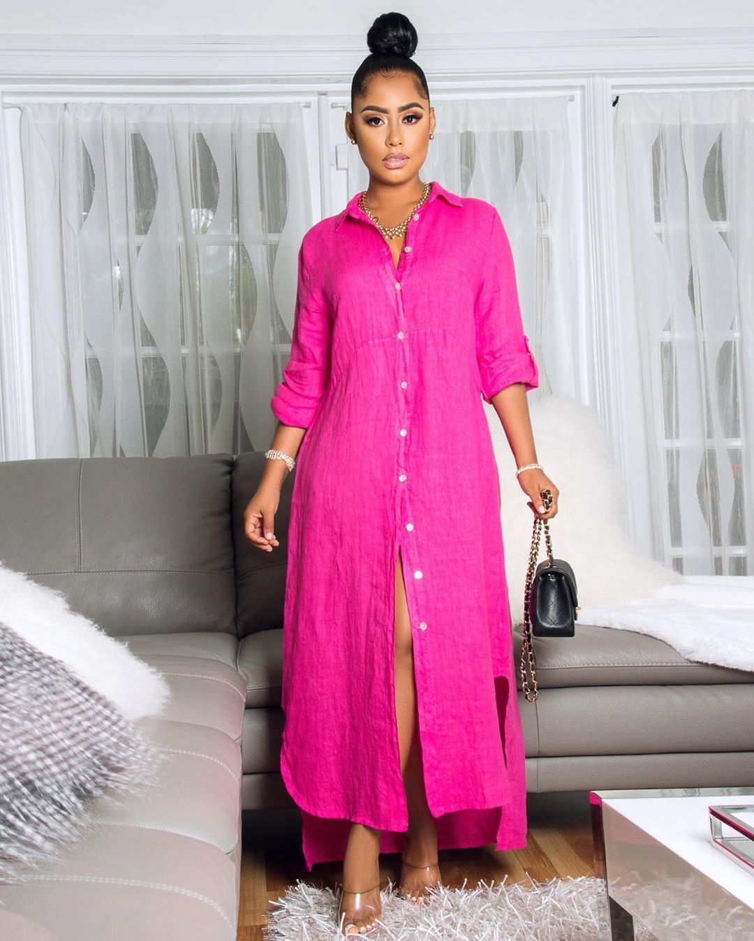 Fuchsia button-front maxi summer dress with three-quarter sleeves and side slit