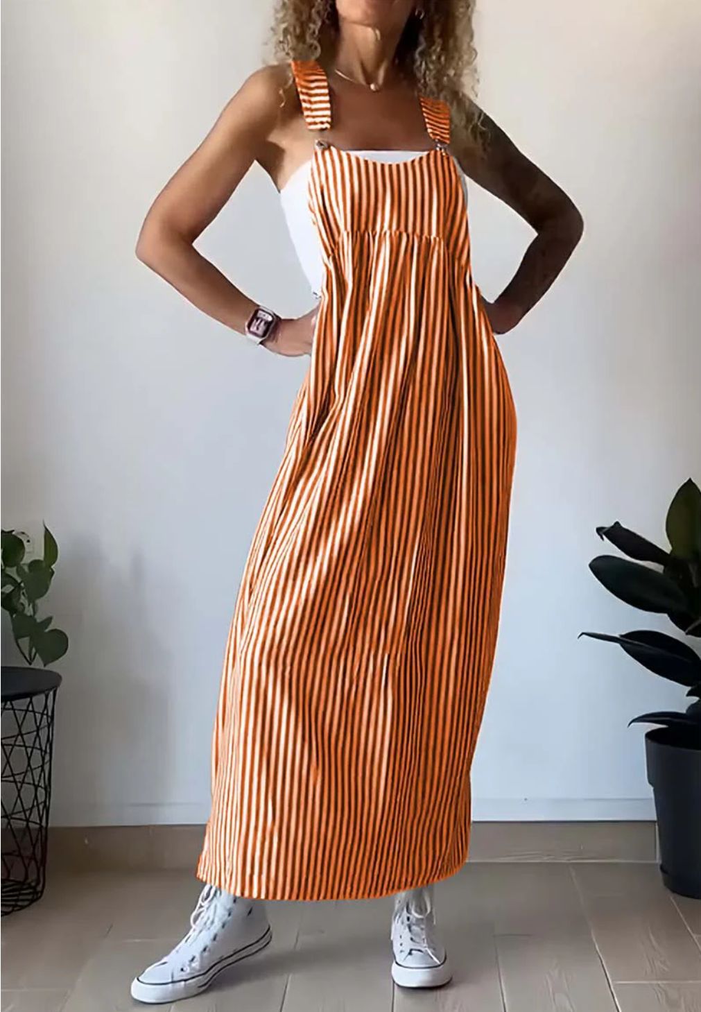 Orange and white striped loose-fit maxi dress with square neckline, sleeveless