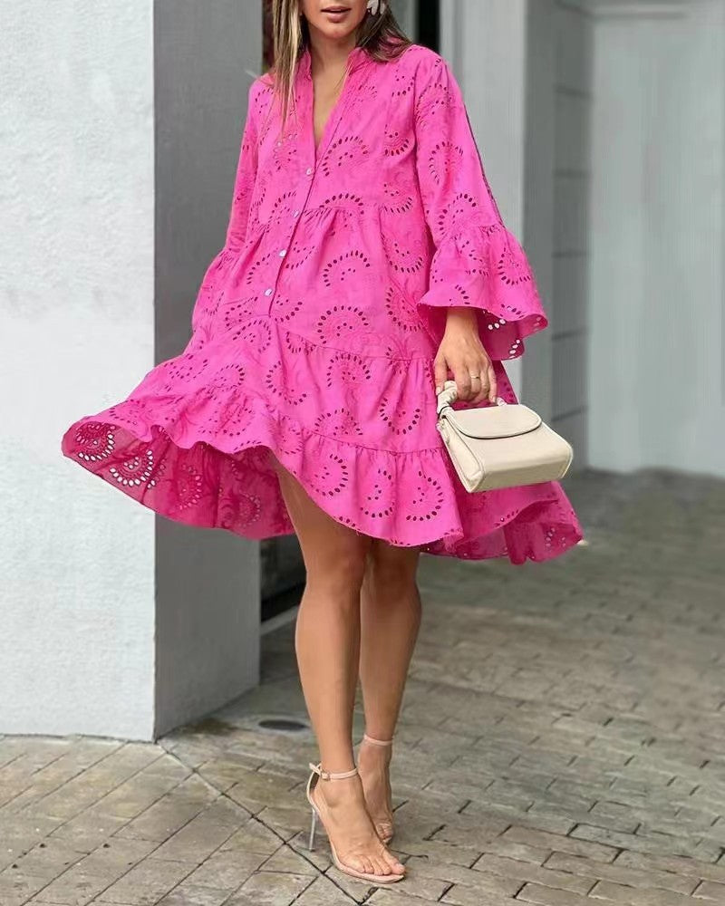 Pink eyelet summer dress, V-neck button-front, tiered hem and flared sleeves