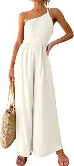 White halter-neck wide-leg jumpsuit with smocked bodice and elastic waist